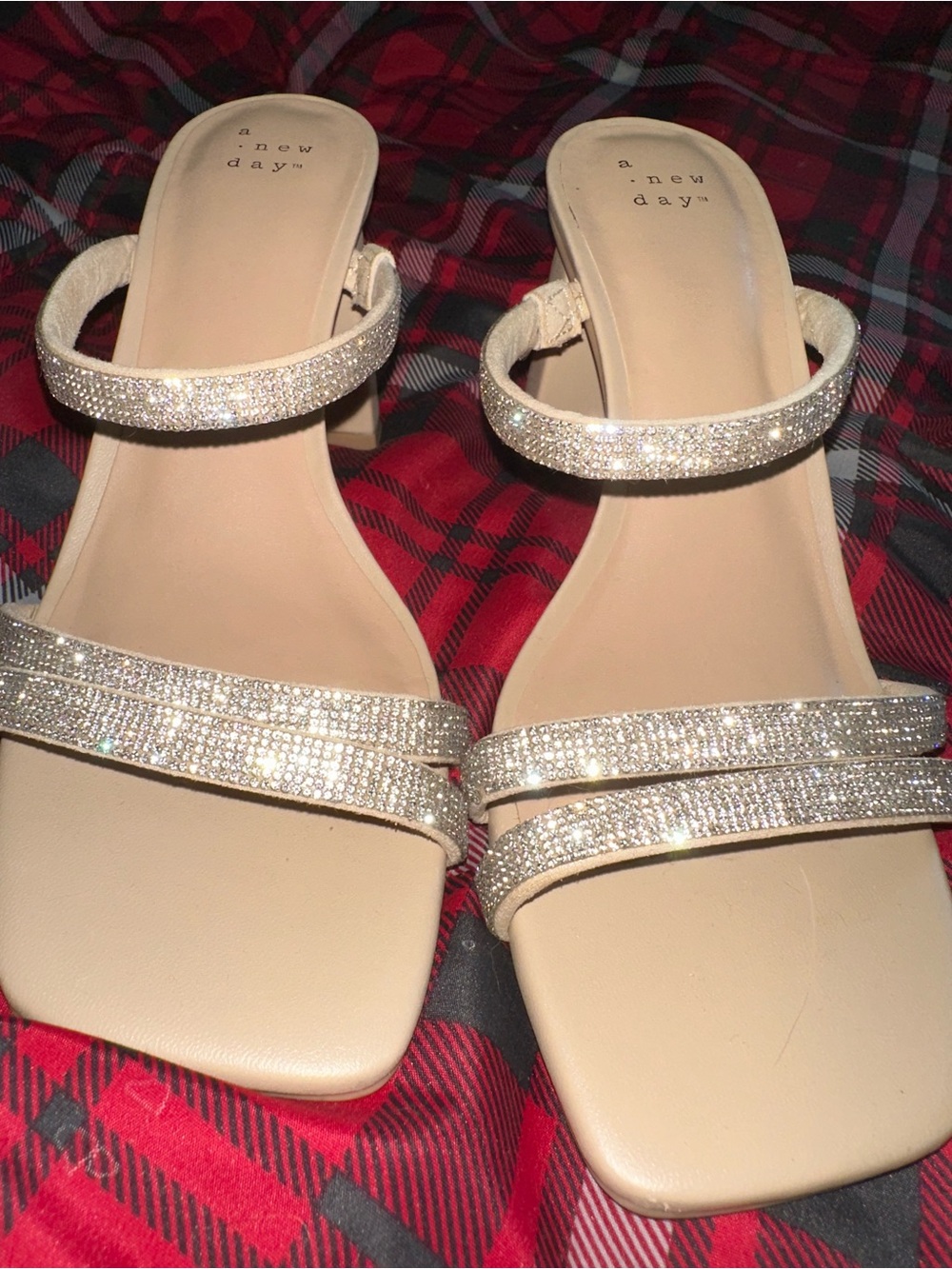 a new day Beige Rhinestone Strap Block Heel Sandals